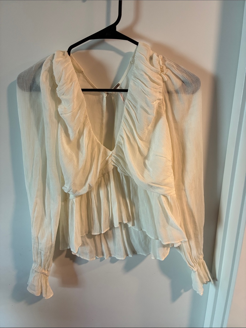 Free People Cream Ruffle V-Neck Peplum Blouse